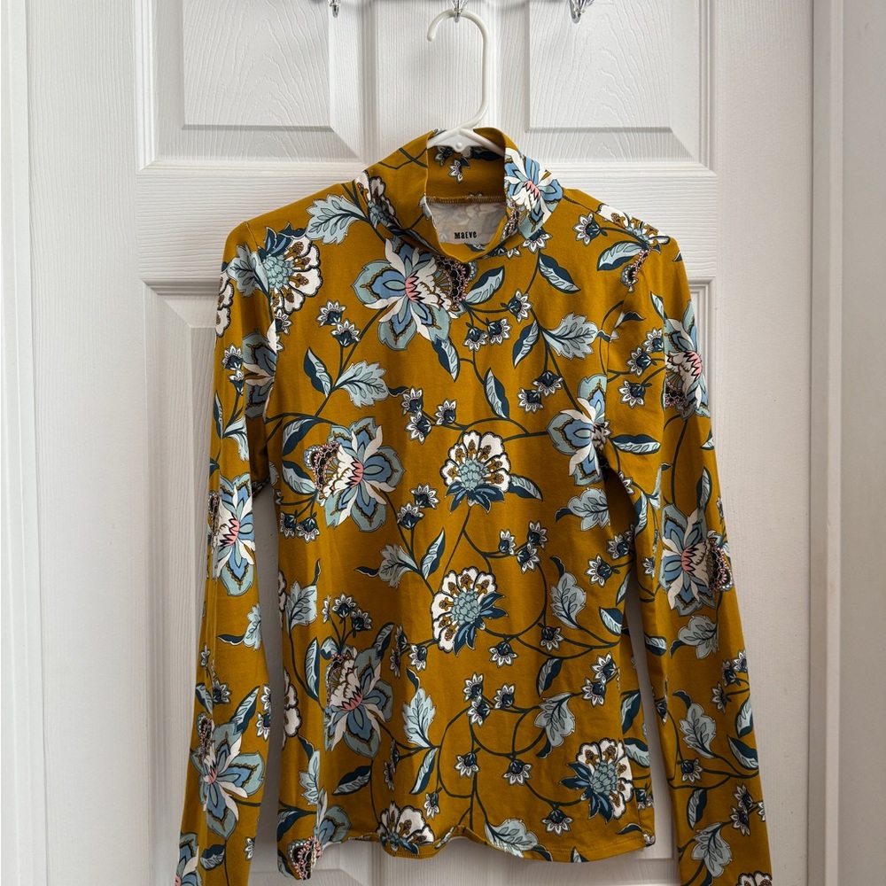 Anthropologie Maeve Floral Blouse in Mustard and Blue